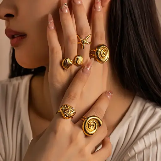 18K Gold-Plated Shell Conch Open Ring – Waterproof Stainless Steel Ocean-Inspired Jewelry for Women